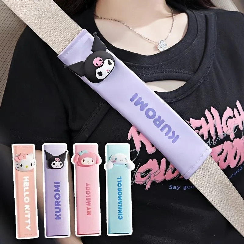 Cintura di sicurezza per auto Sanrio Kulomi Kawaii Cintura di sicurezza per sedile in cartone animato Spalline in pelle PU Copertura protettiva piatta 3D Anti-collo strangolare