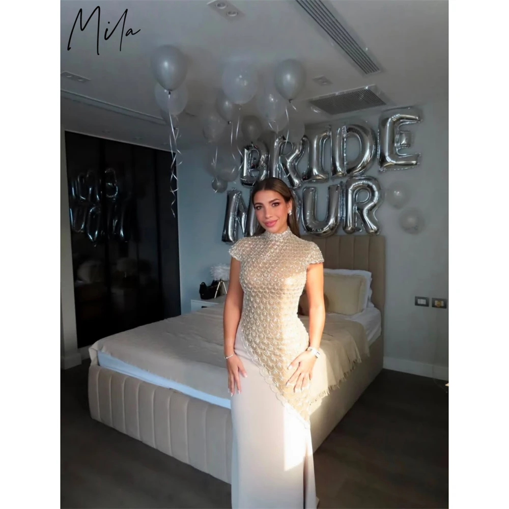 

Mila Customized White High Neck Mermaid Sequins Prom Dress Short Sleeves Elegant Formal Evening Floor-Length Vestidos De Fiesta
