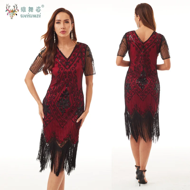 여성용 비즈 장식 섹시 가운 빈티지 우아한 시퀸 메쉬 V넥 반팔 프롬 파티 이브닝 드레스 무대 공연 의상