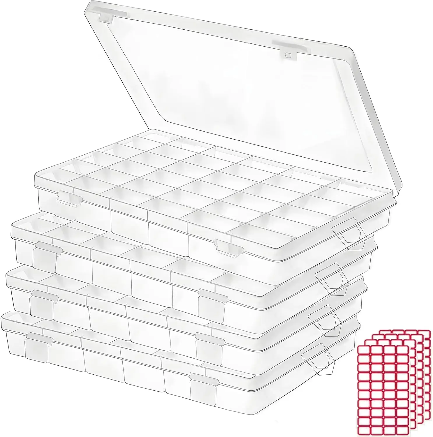 

4-Pack Clear Plastic Organizer Box with Adjustable Dividers for Craft, Jewelry, Fishing Tackle Storage, Includes 4 Label Sheets