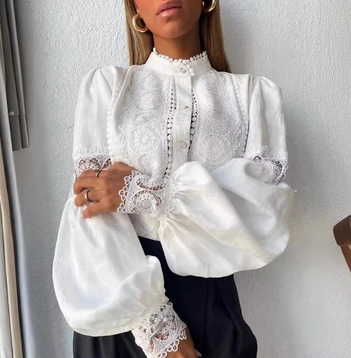 Ladies Interview Commuting Daily Lace Spliced Hollow Lantern Sleeves Commuting Casual Shirt