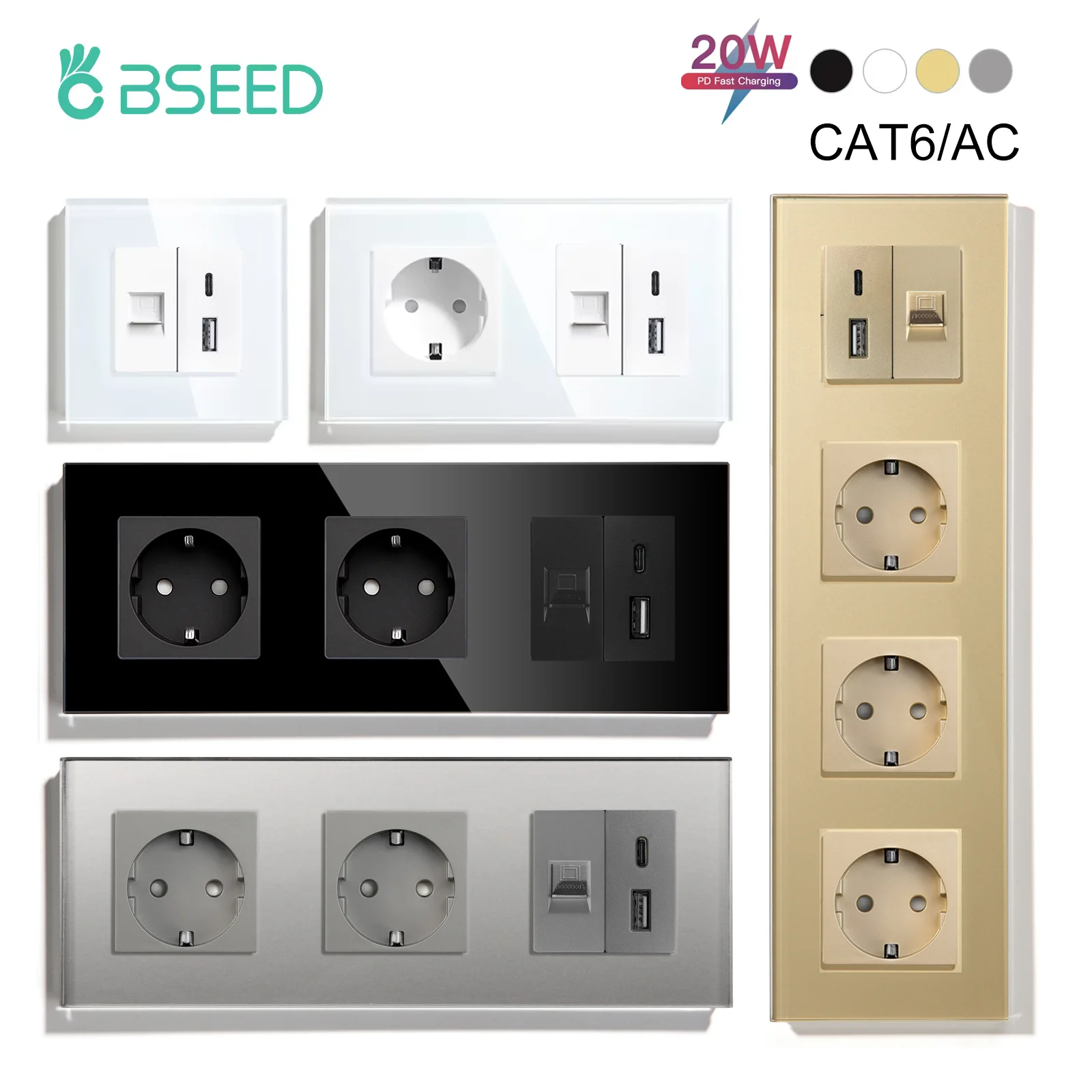 BSEED CAT6 Internet USBC Data Computer PC Sockets Plus 20W AC Fast Charging Outlets Wall Power Sockets Glass Frames EU Standard