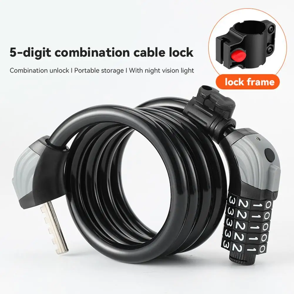 Motorcycle Bicycle 5 Digit Code Cable Lock 120cm Mountain Road Bike Anti-Theft Password Security Lock With Night Vision Light