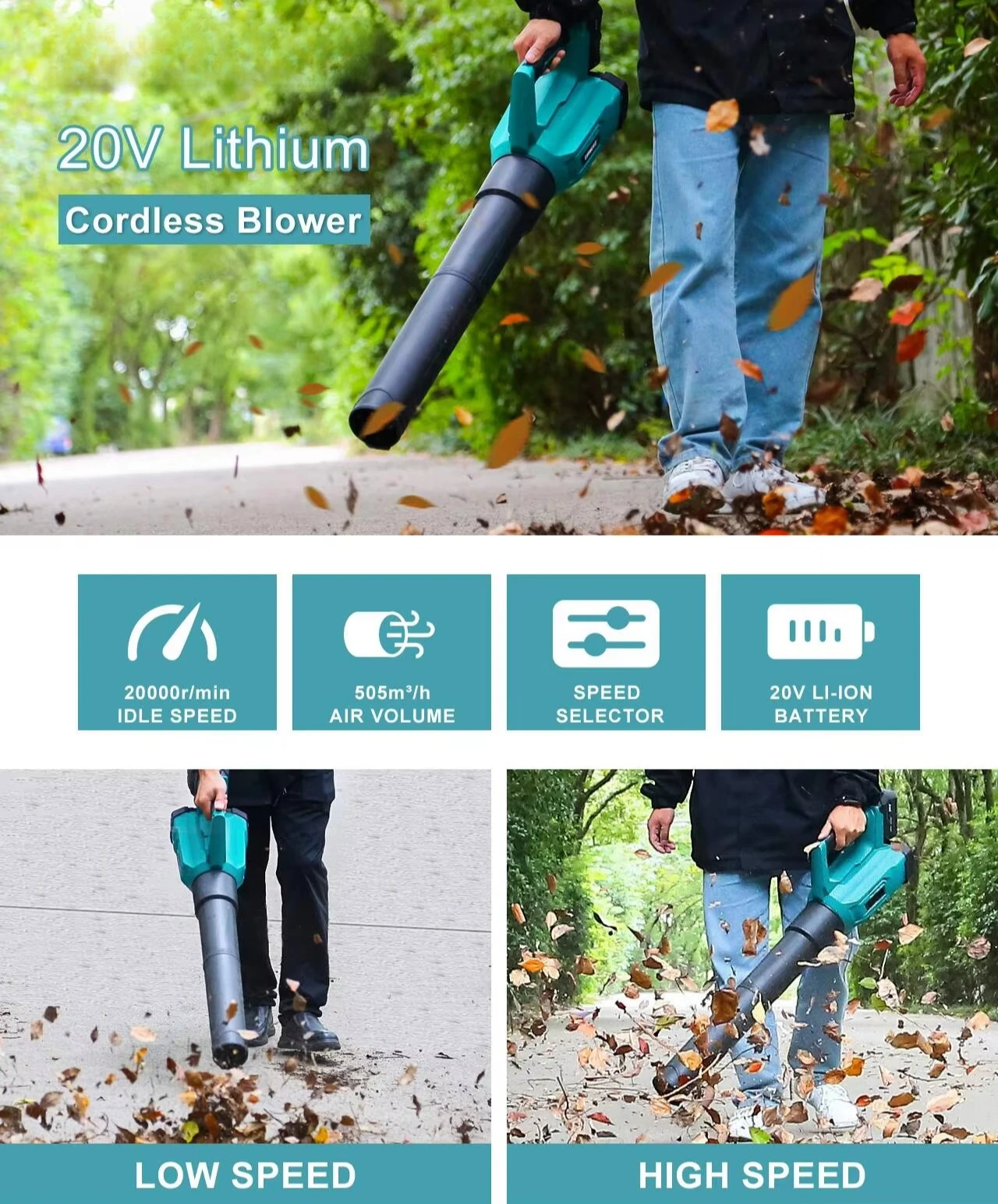 Light DC brushed motor cordless leaf blower 2 tube design 28m/s wind speed 505m/h air volume