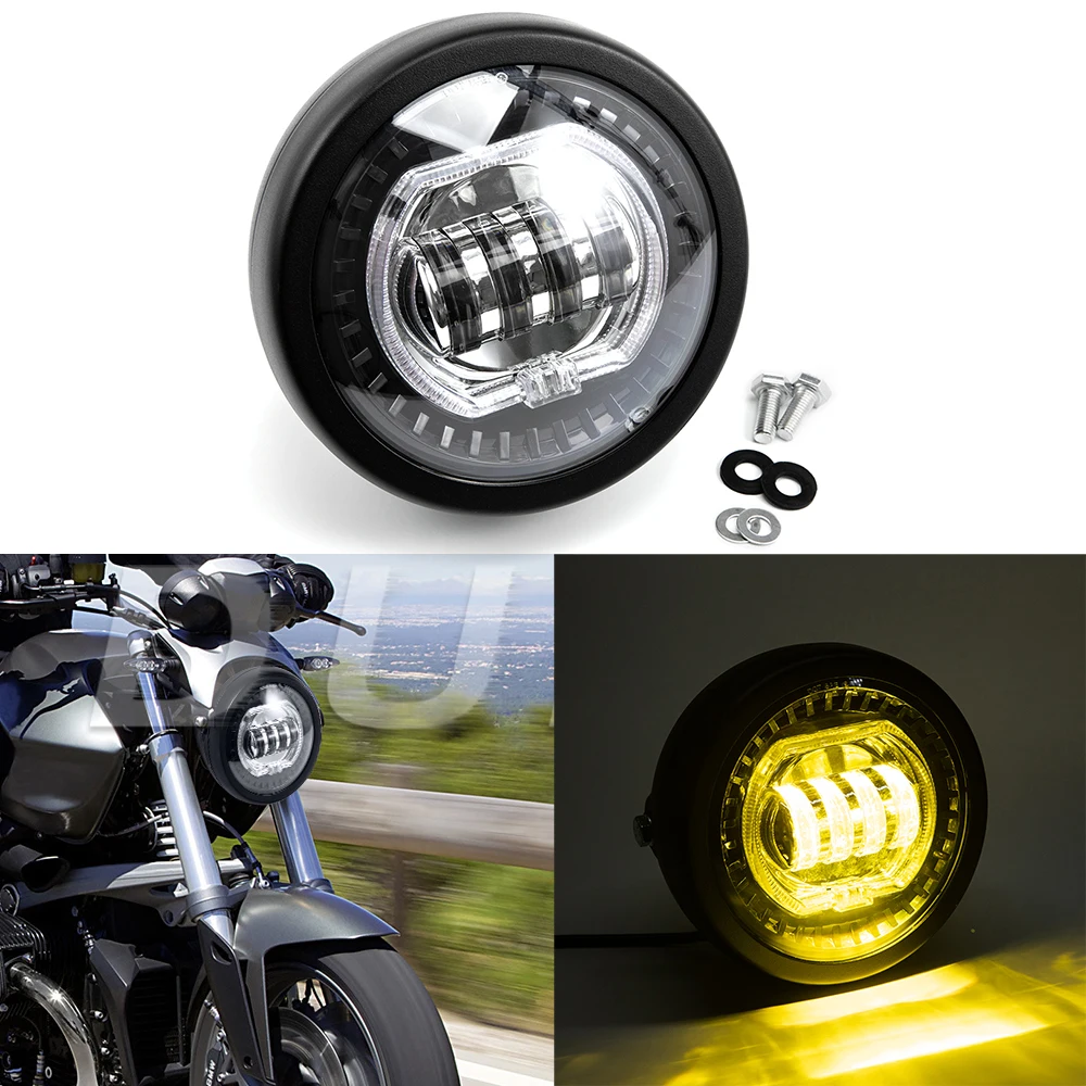 

6.5 Inch Motorcycle Headlight 6.5" Round LED Projection Headlamp High Low Beam for Cafe Racer E-bike Bobber Chopper