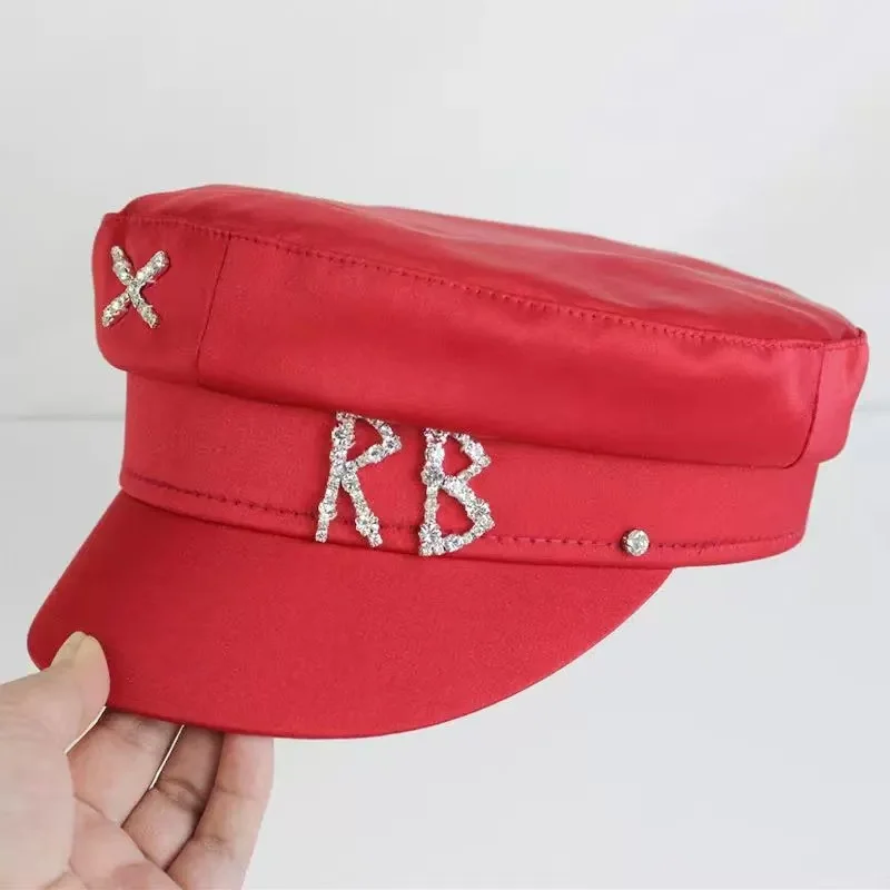 

2025 New RB Beret Women's Version Fashion Rhinestone Short Brim Duckbill Hat Spring New Silk Satin Glossy Flat Top Newsboy Hat