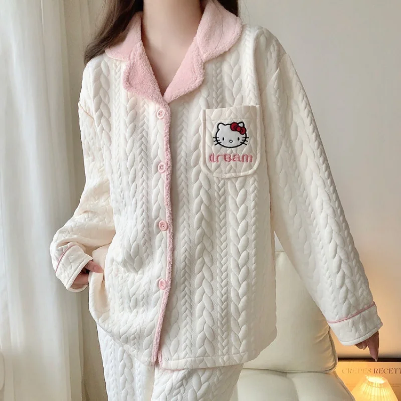 Sanrio Hello Kitty Winter New Air Cotton Pajamas Women\'s Cartoon Warm Sandwich Padded Cotton Cute Comfortable Loungewear