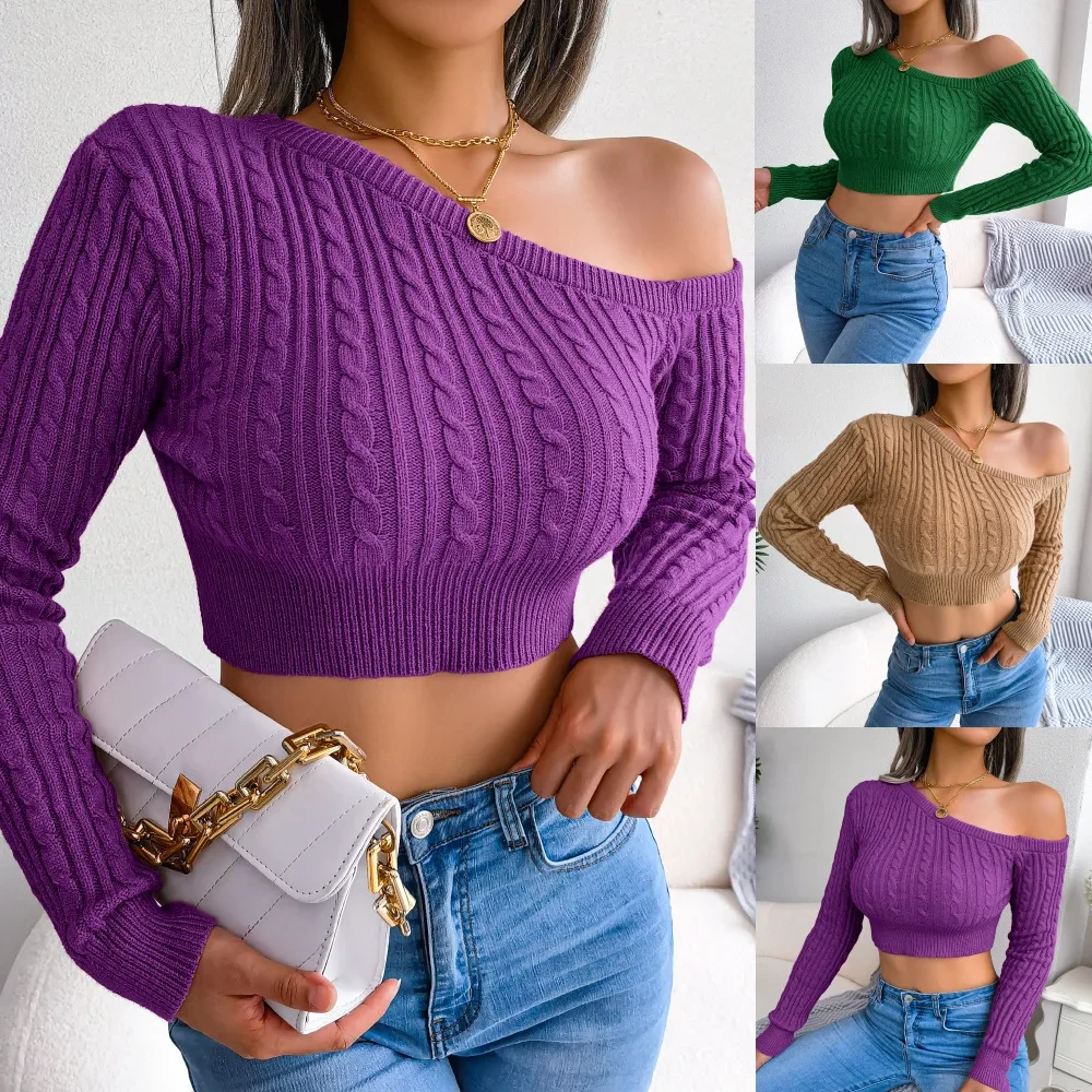 

New Sexy Off Shoulder Women' Sweater Jumper Spring Long Sleeve Knitted Crop Tops Fashion Solid Lady Pullover Sweaters Streetwear