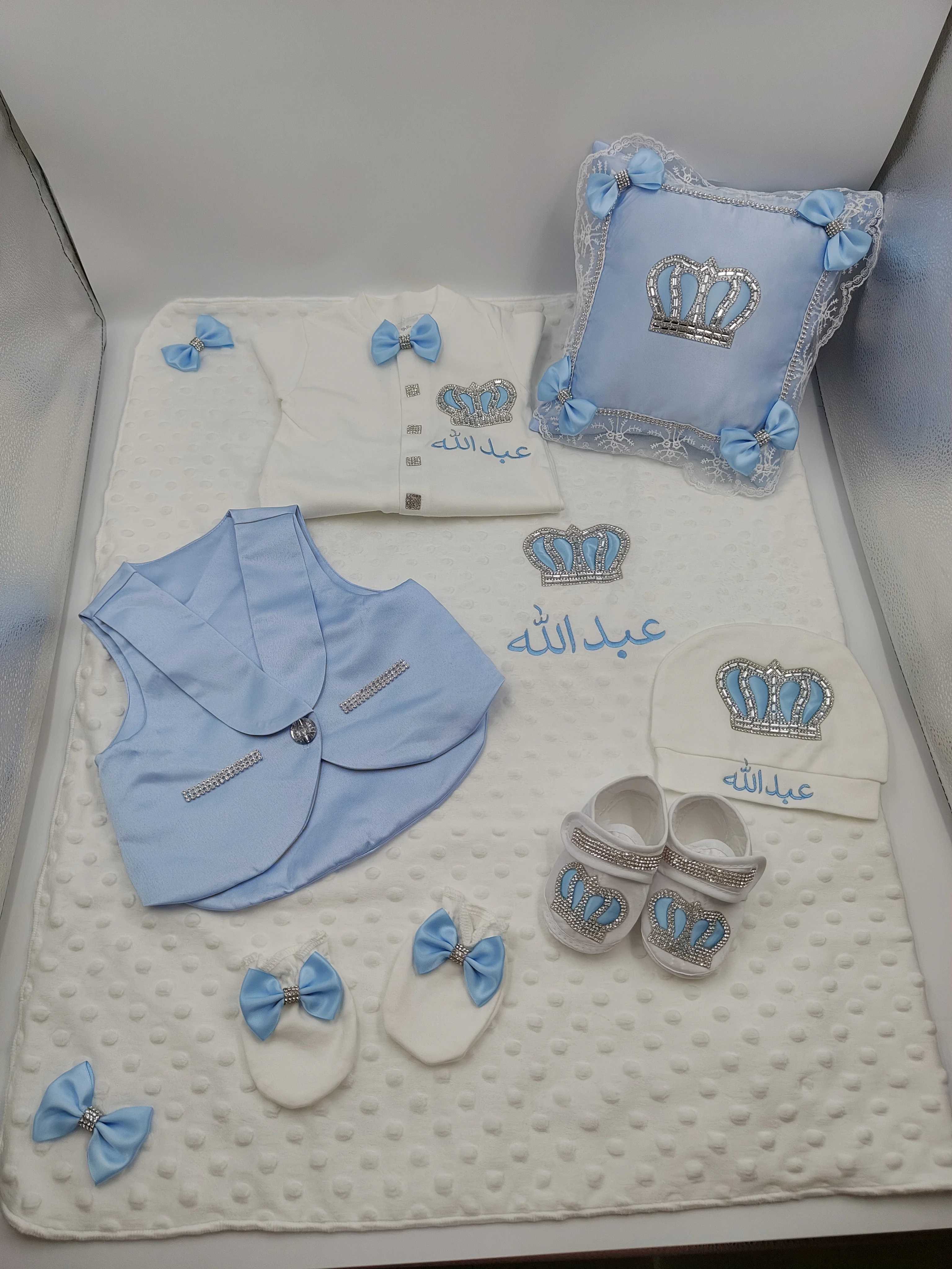 Baby Boy Custom Crown Gift Set - Full Outfit Swaddle with Name Embroidery