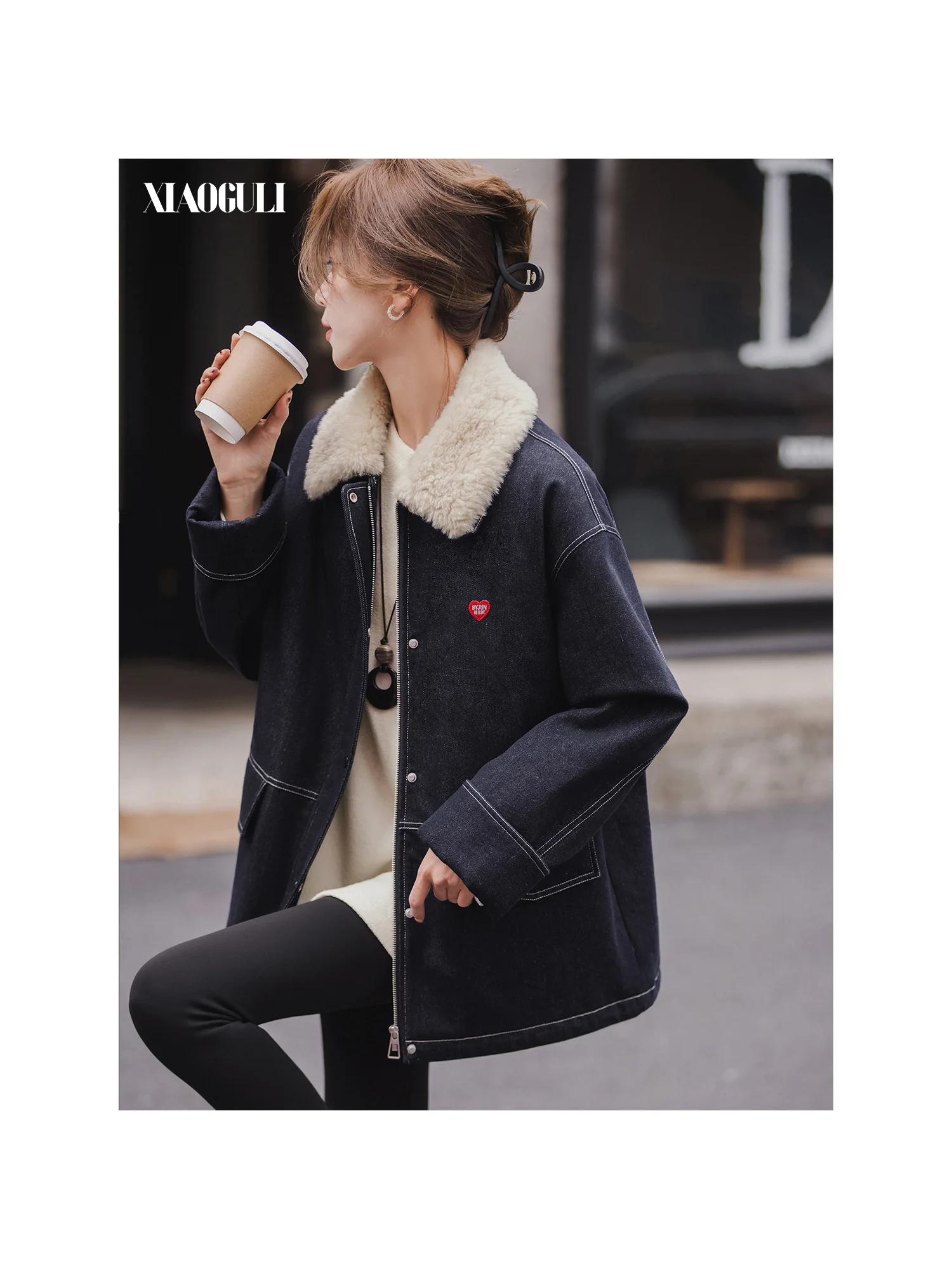 XIAOGULI 2026 Autumn Winter Long Denim Coat With Removable Faux Fur Collar Women Duck Down Linner Warm Outerwear Commuter Outfit