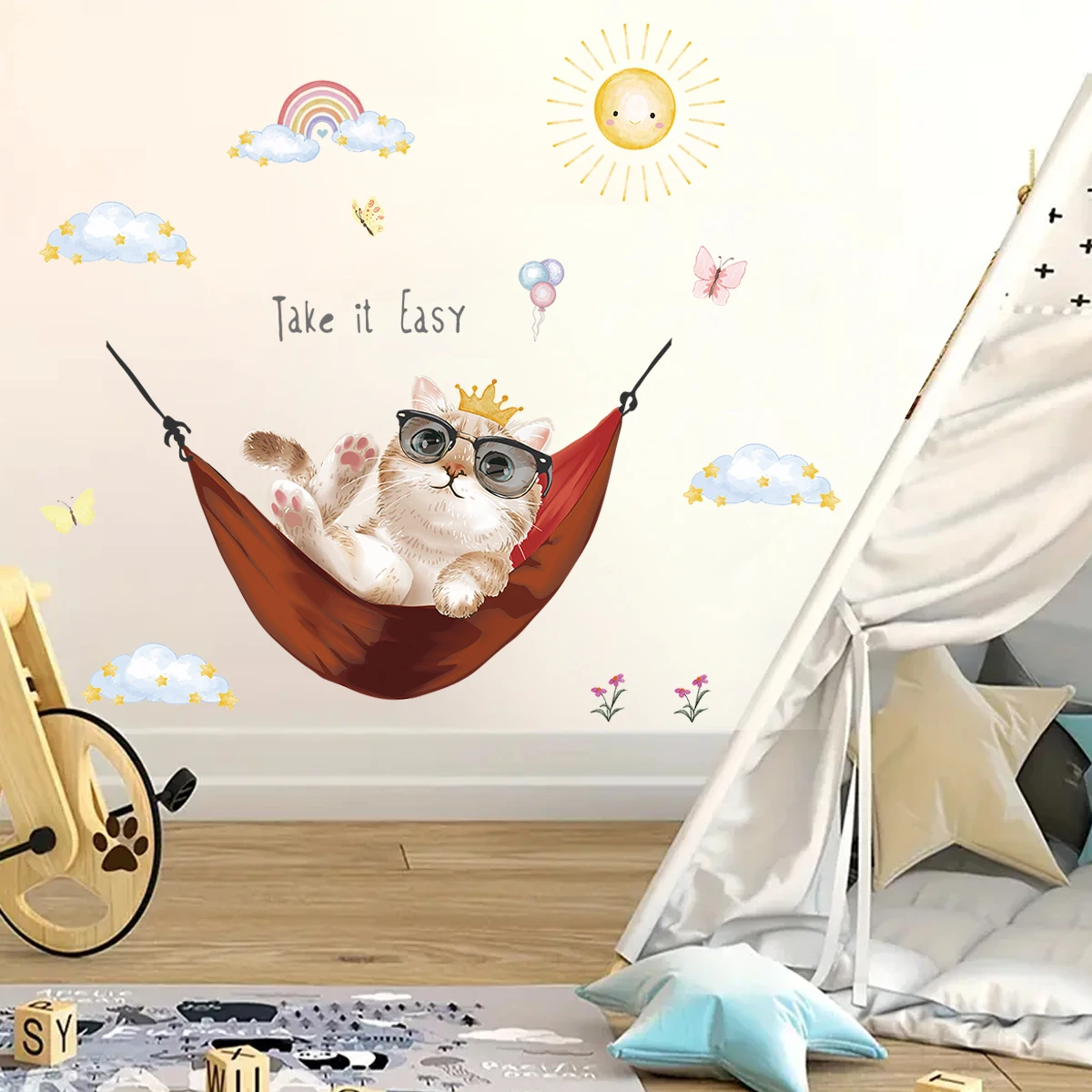 1Pc Cute Cartoon Cat Basking in The Sun Wall Decals Bedroom Decoration Wall Stickers for Kids Home Decor Children's Room