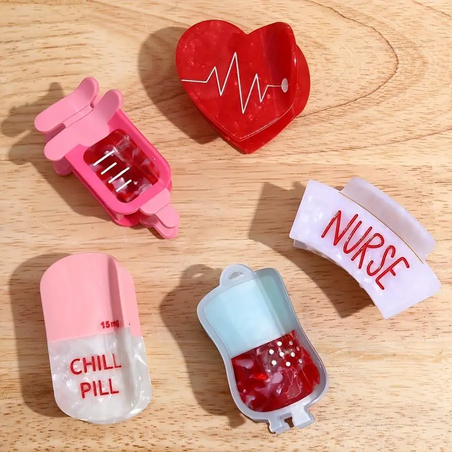 1/5/10/20/50/100pcs Nurse-Themed Hair Claw Clip – Blood Bag Design with Heartbeat Line, Elegant & Cute Matte Finish for Women, P