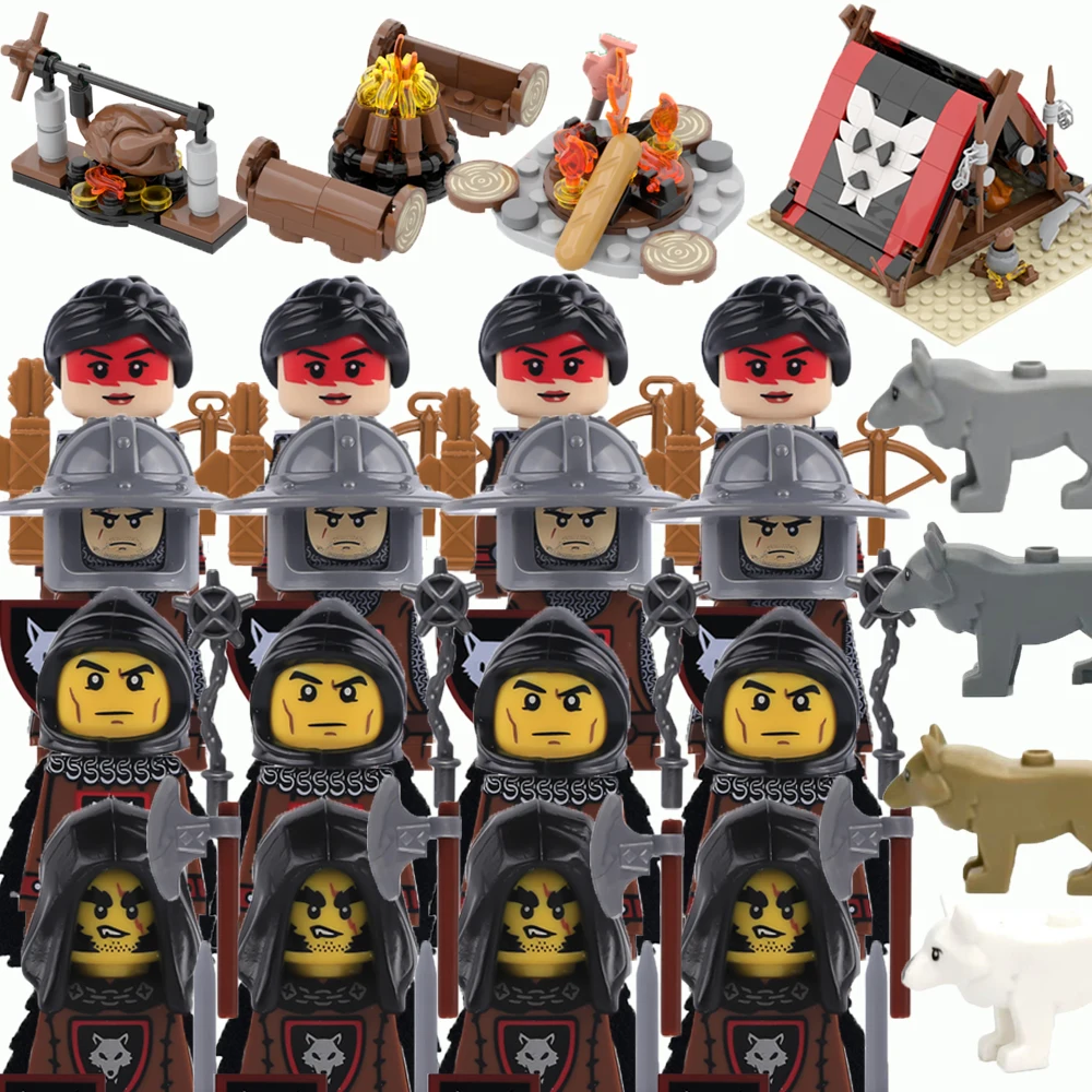 Blocos de Montar Guerreiro Cavaleiro Lobo – Brinquedo de Soldado Cavaleiro de Castelo Medieval com Espada, Machado, Arco, Escudo e Capa para Meninos