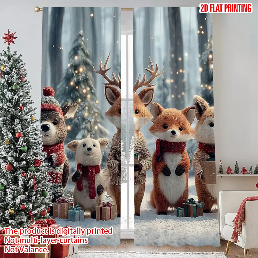 

2pcs 2D flat printing Merry Christmas Scene Curtains Winter forest Machine Washable Fabric Without Electricity Holiday