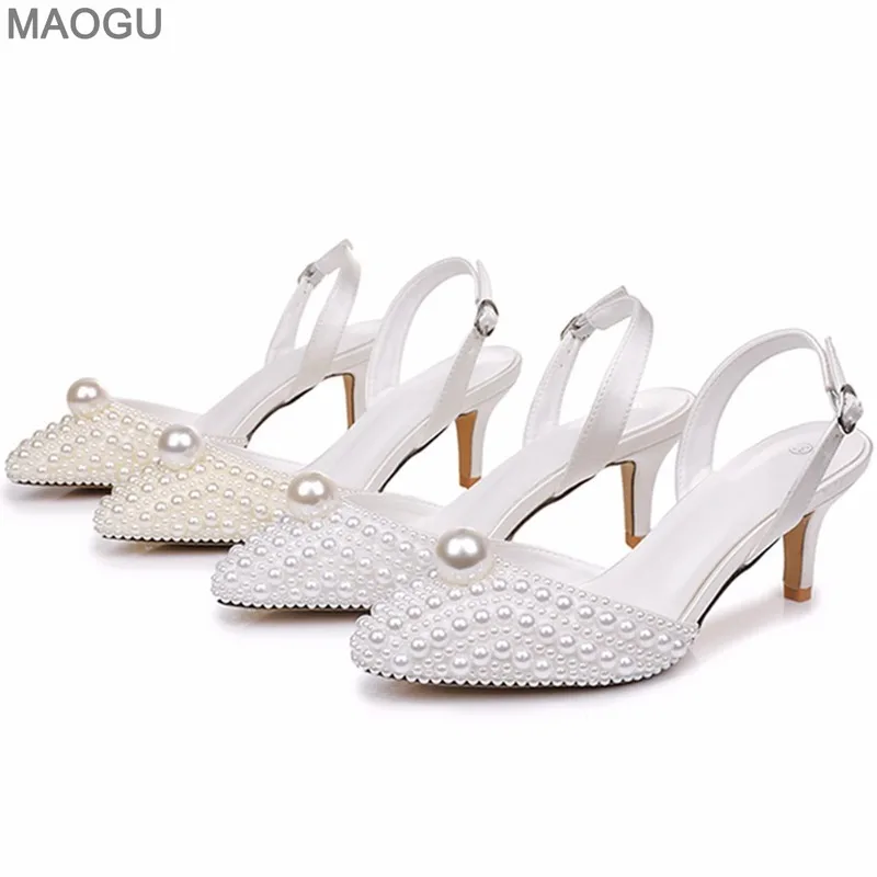 Pointed Toe Pearls Decors Ladies White Wedding Party Dress Shoes Elegant  High Heels Bridal Sandals Beige Zapatos De Mujer Size35 - AliExpress