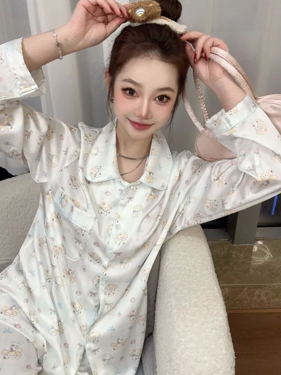 Sweet Princess Wind Ice Silk Long-sleeved Pajamas Cute Cartoon Puppy Spring and Summer New Outer Loungewear Suit