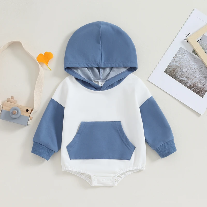 

Baby Boys Girls Hooded Rompers Infant Contrast Color Loose Fit Bodysuit with Pocket Newborn Jumpsuits for Spring Autumn
