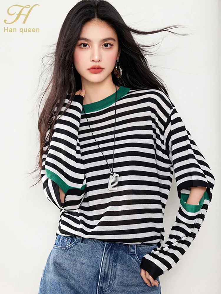 

H Han Queen Striped Knitted Lazy Style Contrasting Color Pullover Top Female Casual Korean OL Loose Long Sleeve T-Shirt Women