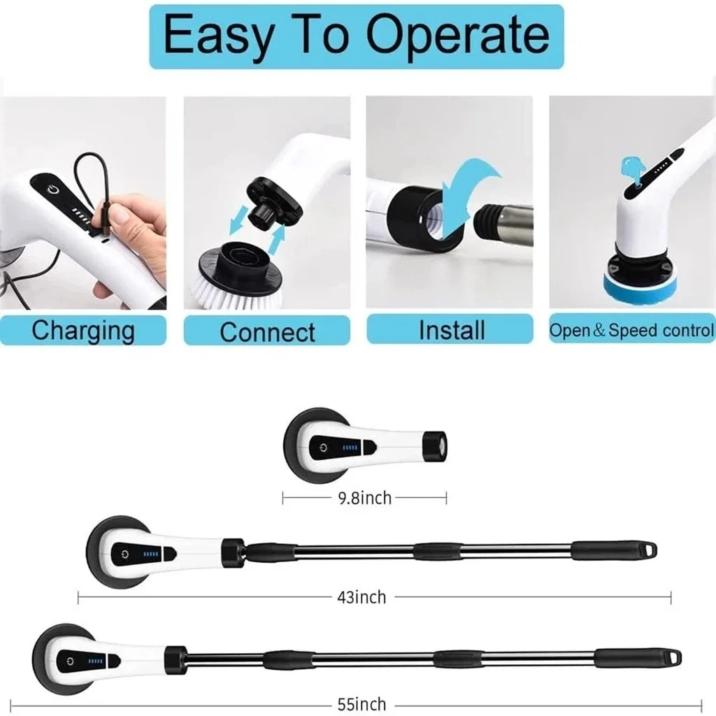 8-in-1 Multifunctional Electric Cleaning Brush Bathroom Kitchen Brush Cleaning With LED NightLight Rotatable Household Brush