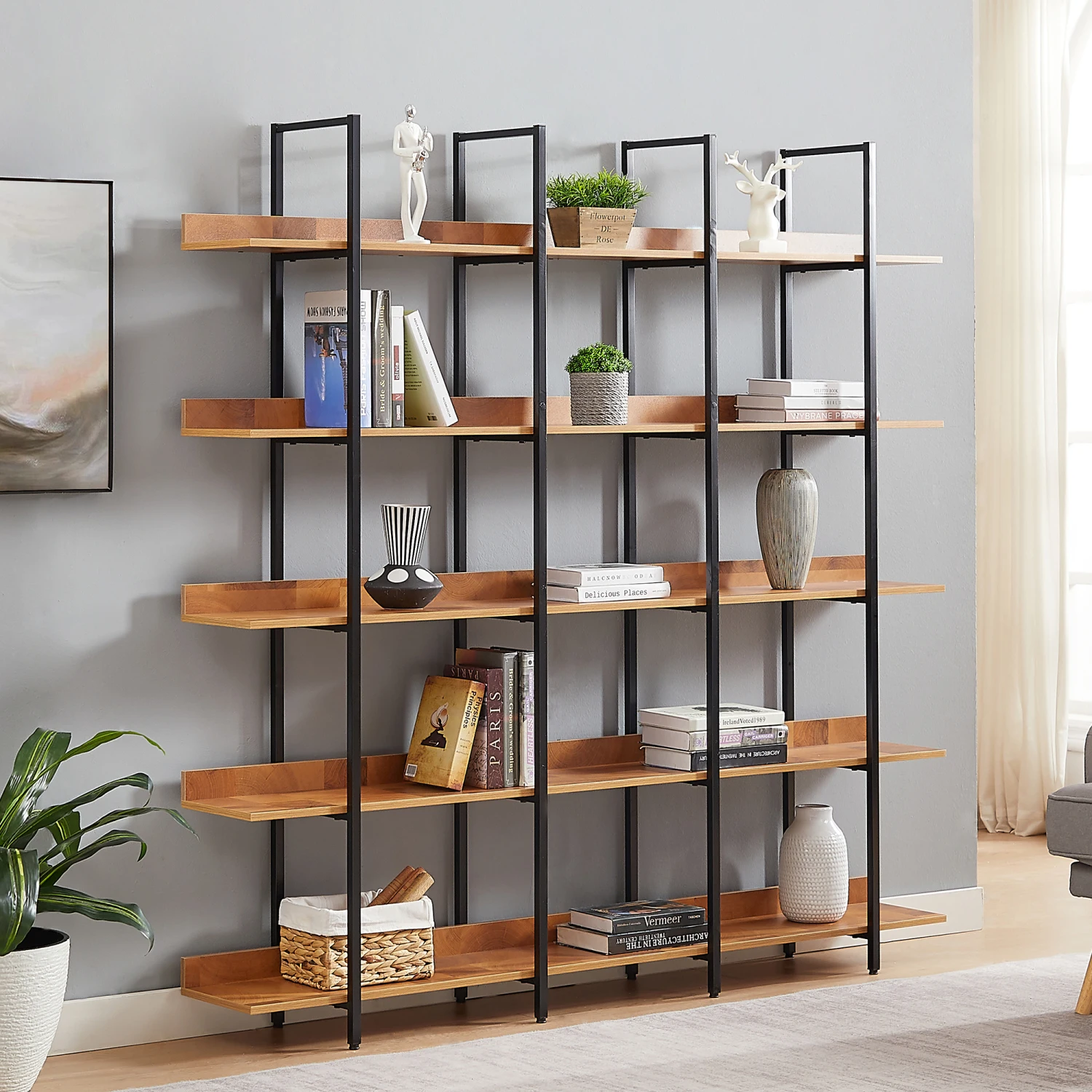 5 Tier Vintage Industrial Style Bookshelf, MDF Board & Metal Frame, Home Office Open Bookcase (Brown)