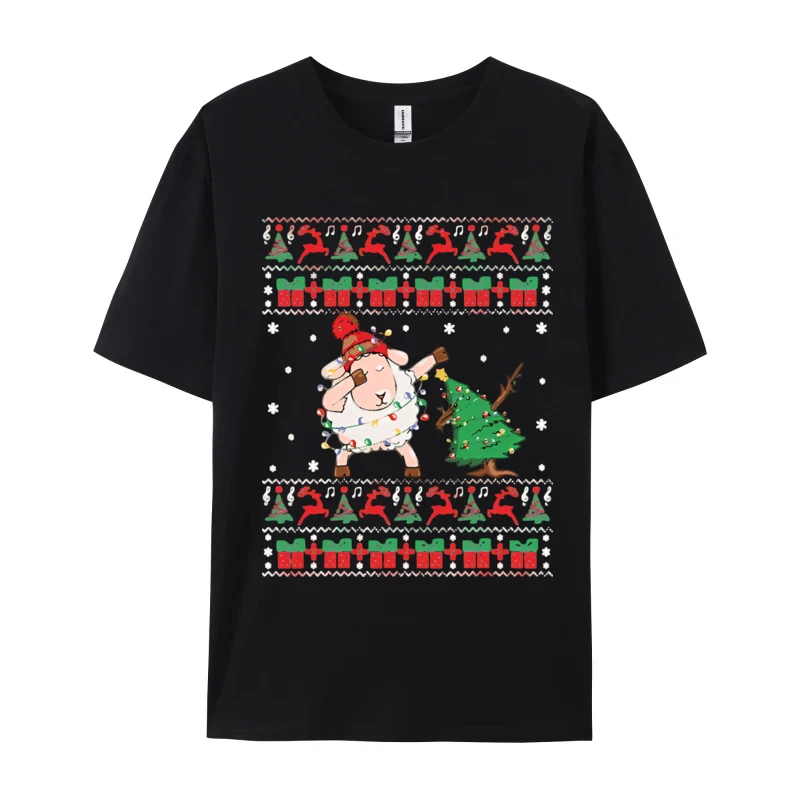 Sheep Ugly Christmas Dabbing Sheep Xm Printed Tee Shirts for Men Adult Premium Cotton Oversized Tops Retro Short Sleeve