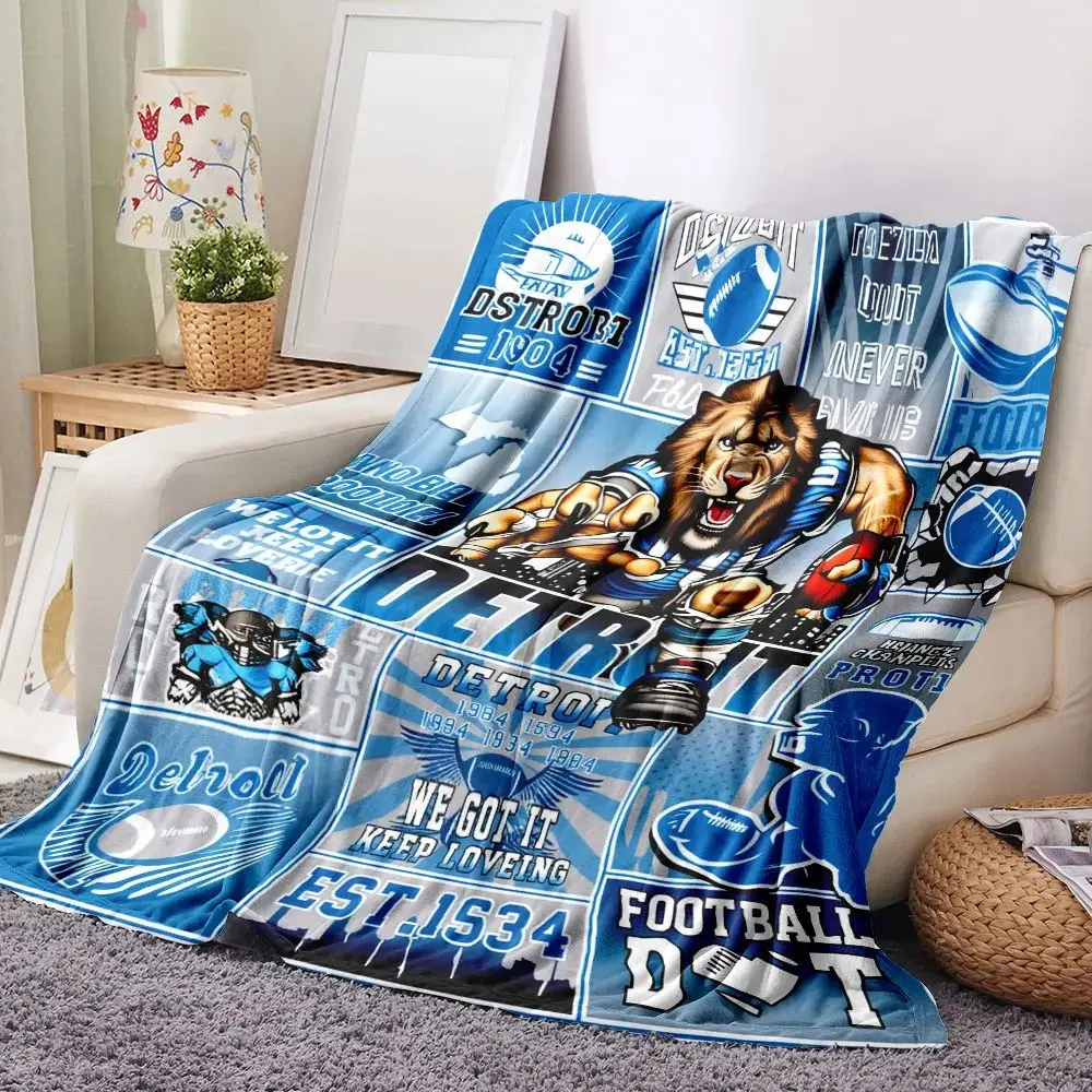 Detroit Football Themed Blanket, Vibrant Blue and Grey Artwork, Featuring The Fierce Lion Mascot, Celebrating