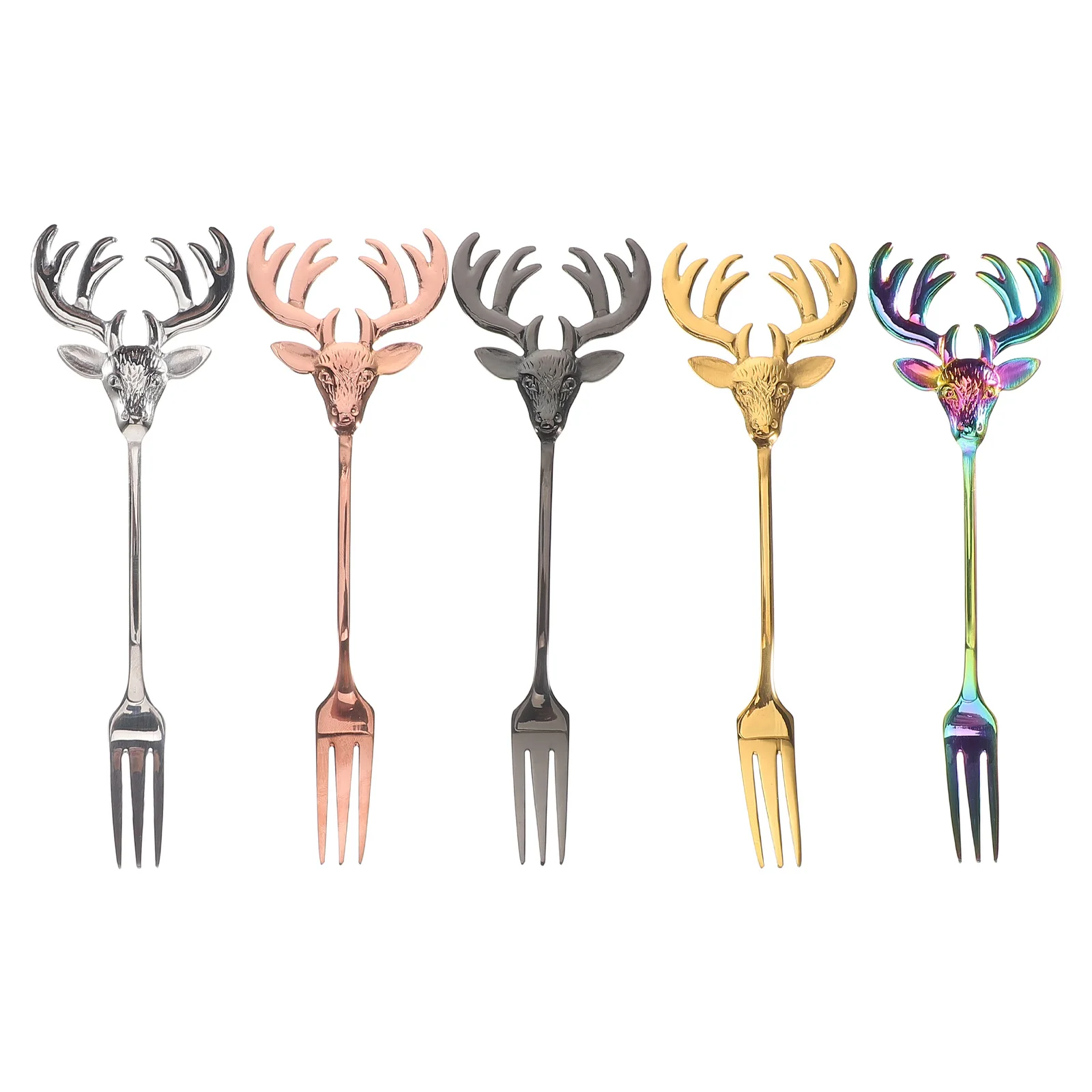 

5pcs Dessert Forks Stainless Steel Fruit Salad Cake Server Set Reindeer Head Family Use Easy Clean Versatile Tiny Metal Pastry