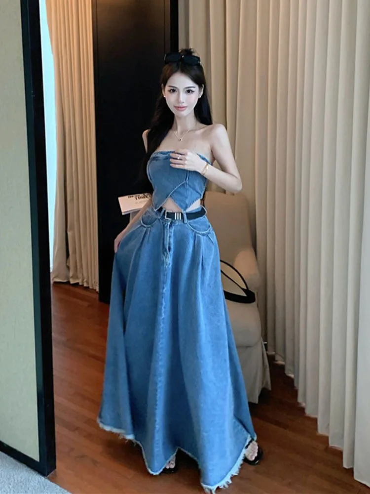 Sexy Two Piece Set 2024 Summer Femme Slim Fit Short Suspended Tank Top Camis High Waist Large Swing Skirt Denim Sets