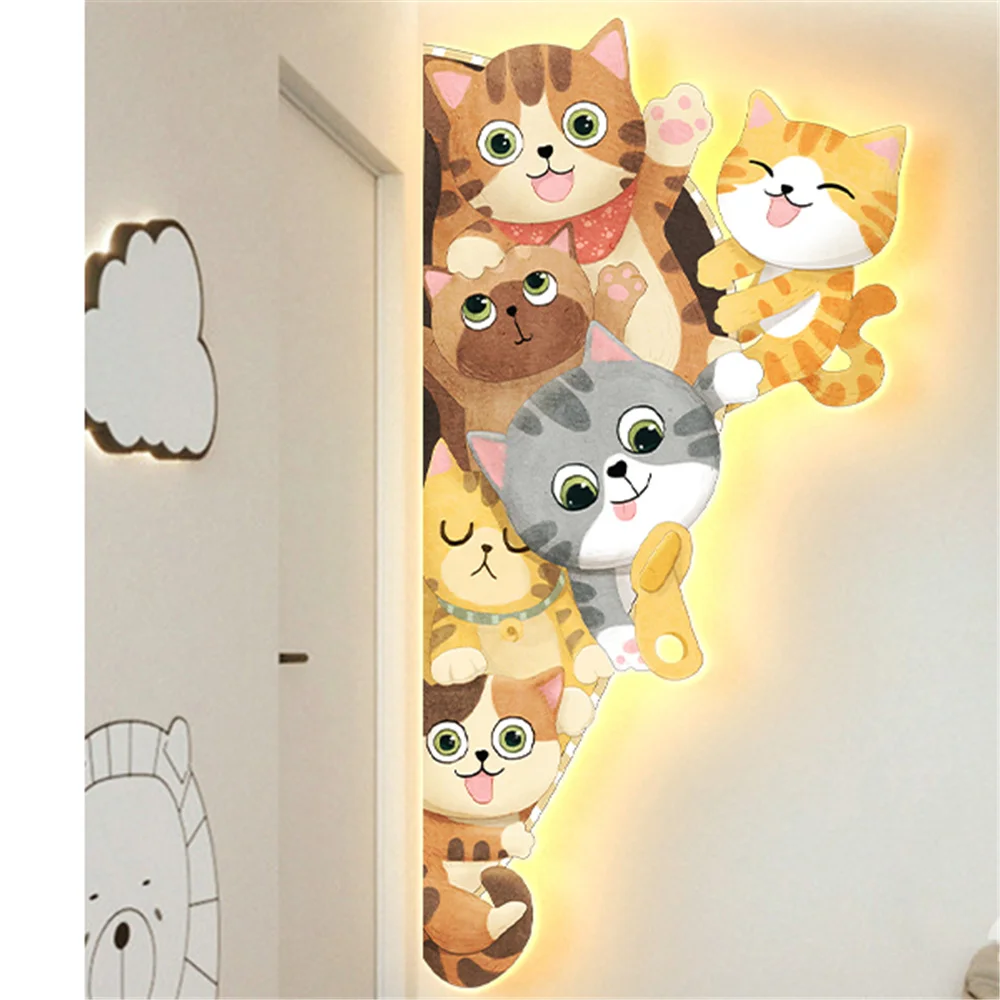 Corner Cat Painting Room Girl Mural Led Wall Lamp Children\'S Room Decoration Indoor House Corridor Sconces Living Room Lights