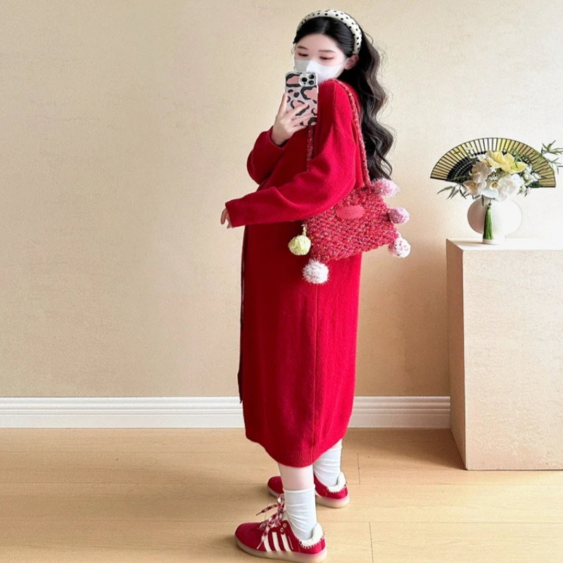 فستان حمل شتوي 2026 مع غطاء محرك السيارة وفيونكة فستان سترة منسوج لعيد الميلاد ، أنيق بحورية البحر فستان الحمل بالجملة