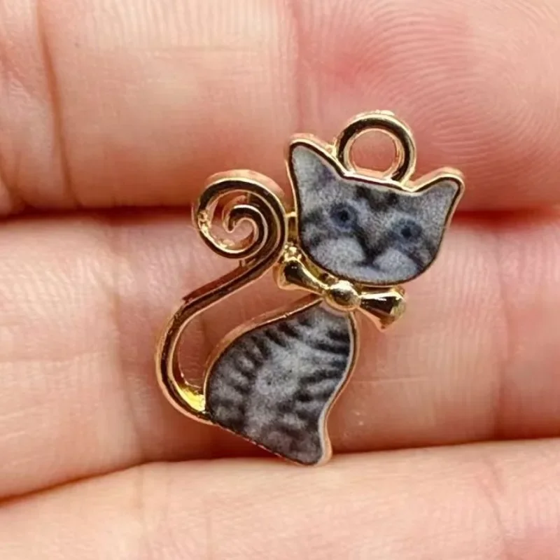 10Pcs Alloy Printed Cute Cat Charms for DIY