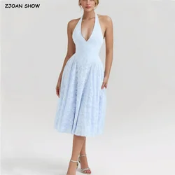 2024 Holiday Blue Jacquard Weave Halter V Collar Sling Midi Dress Women Low Waist A-Line Pleated Swing Backless Robe Beach