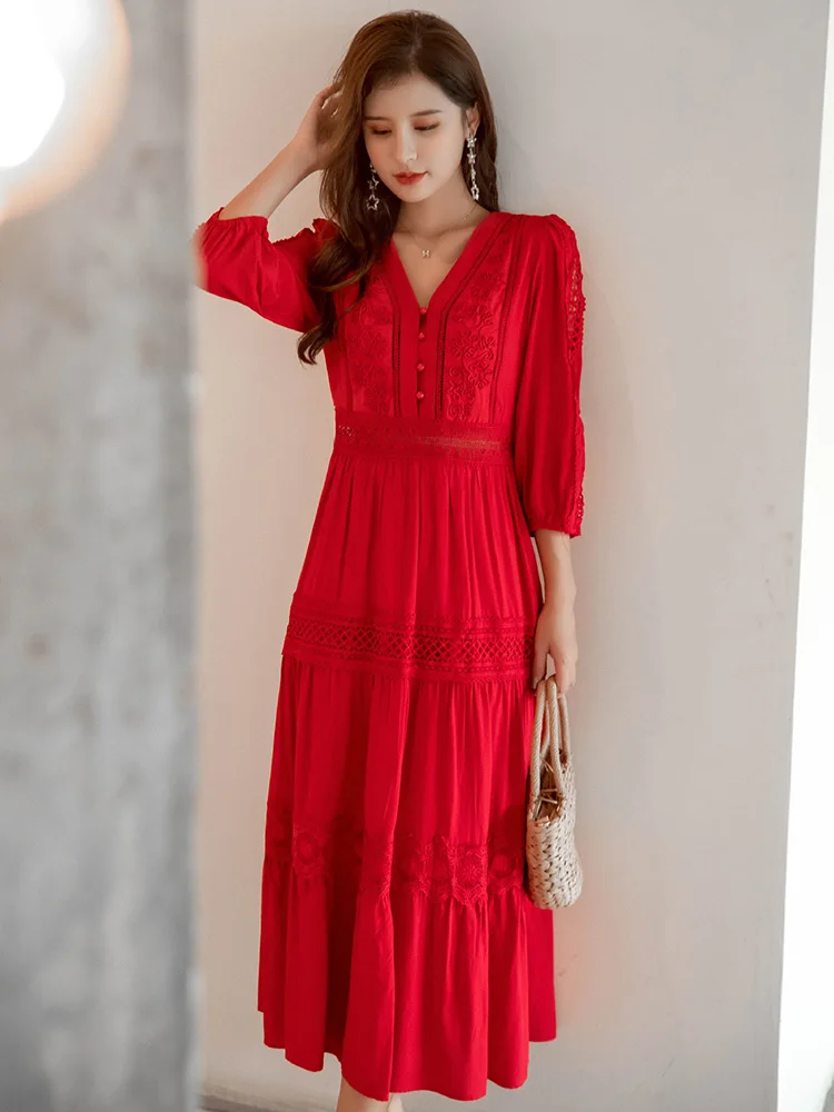 Khalee yose vintage boho vermelho midi vestido com decote em v bordado em camadas oco para fora manga solitária feminino babados férias vestidos casuais novo