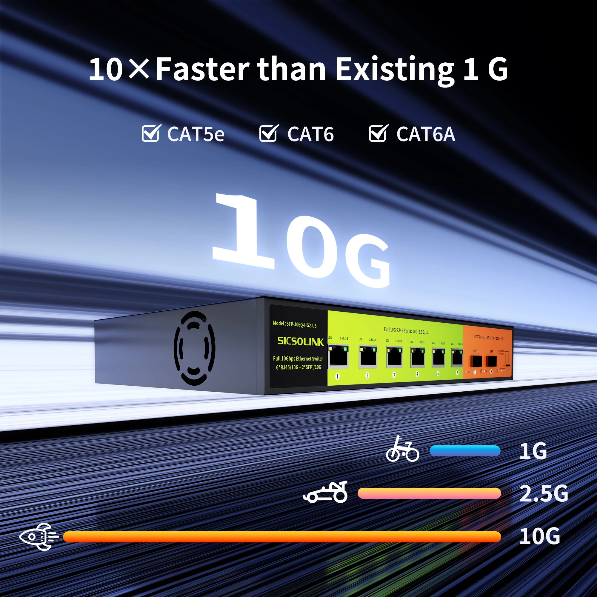 SICSOLINK 8 Port 10G Ethernet Switch Unmanaged,with 6*10gb RJ45 Ports,2*10gb SFP+ Ports,10Gbps Network Switch Suitable for 10G N