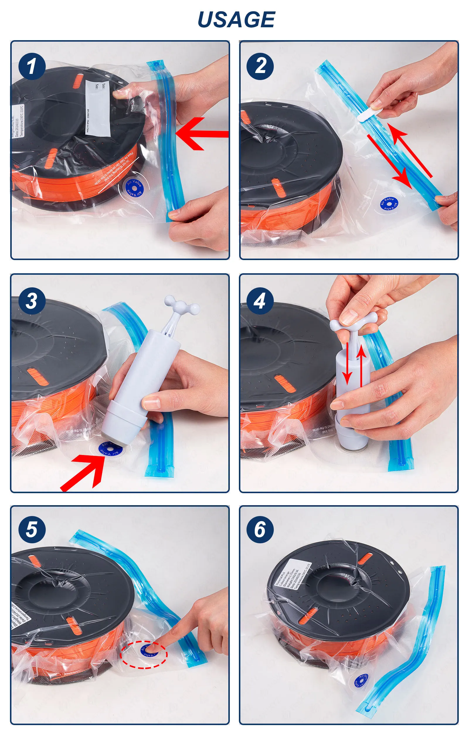 Consumabili per stampante 3D Sacchetto sottovuoto con pompa per PLA ABS TPU PETG Sacchetto per asciugatrice a prova di umidità per filamento stampante 3D