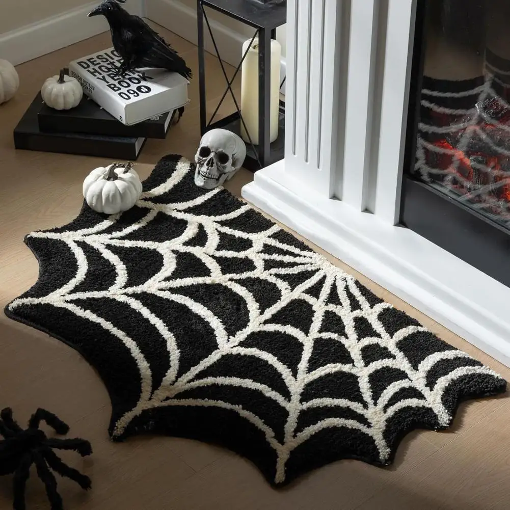 Black Spider Web Halloween Rug Bathroom Rug for Halloween Decor Spooky Gothic Bath Mat Non-Slip Tufted Mat for Front Door Living