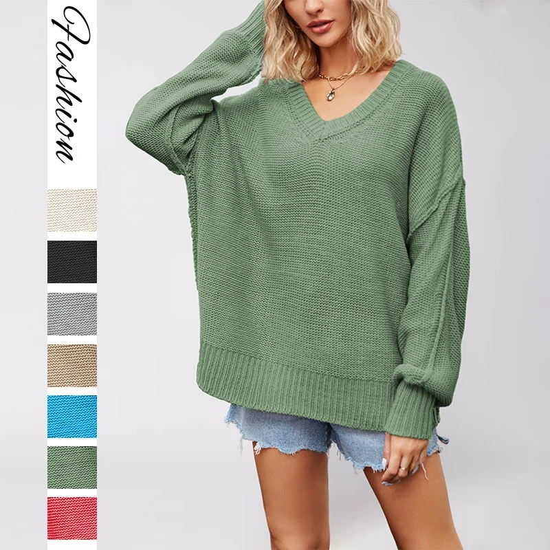 

Loose V-Ne Pullover Pure Color Sweater Women's Faion Autumn Winter New Arrival Temperament Large Size Comfortable Knitwear