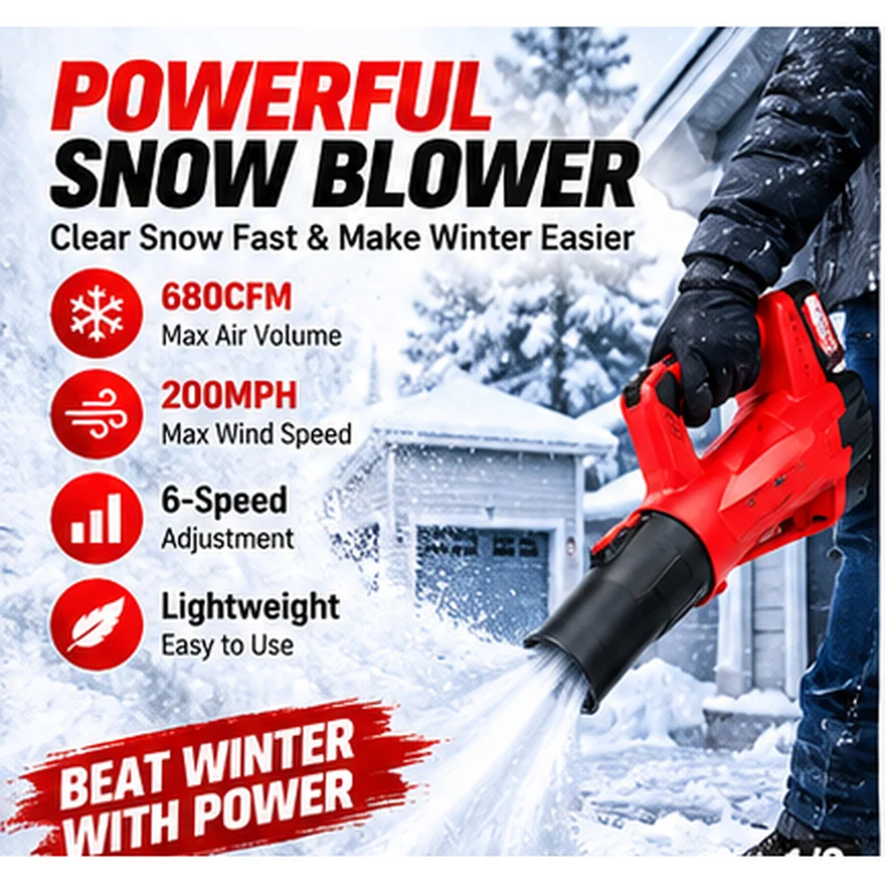 Soffiatore a batteria per foglie e neve Blossom 21V, 680 Cfm, 200 mph, 6 velocità regolabili, soffiatore ad aria portatile con 2 batterie da 2000 mAh, tubo rimovibile per la rimozione di neve, foglie