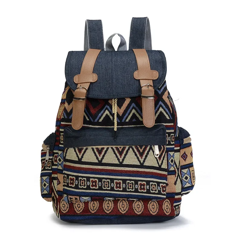 Women Printing National Backpack Canvas School Bags for Teenagers Shoulder Bag Weekend Travel Rucksack Denim Mochilas Femininas