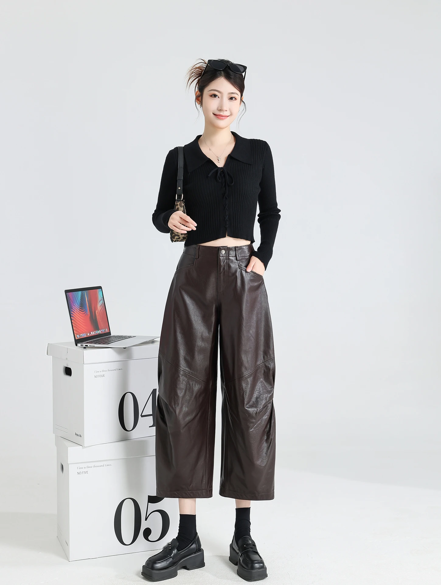 

Versatile Casual Leather Pants Tannery Vegetable Leather Real Leather Loose Slim Wide Leg Pants Women eepskin Nine Points H...