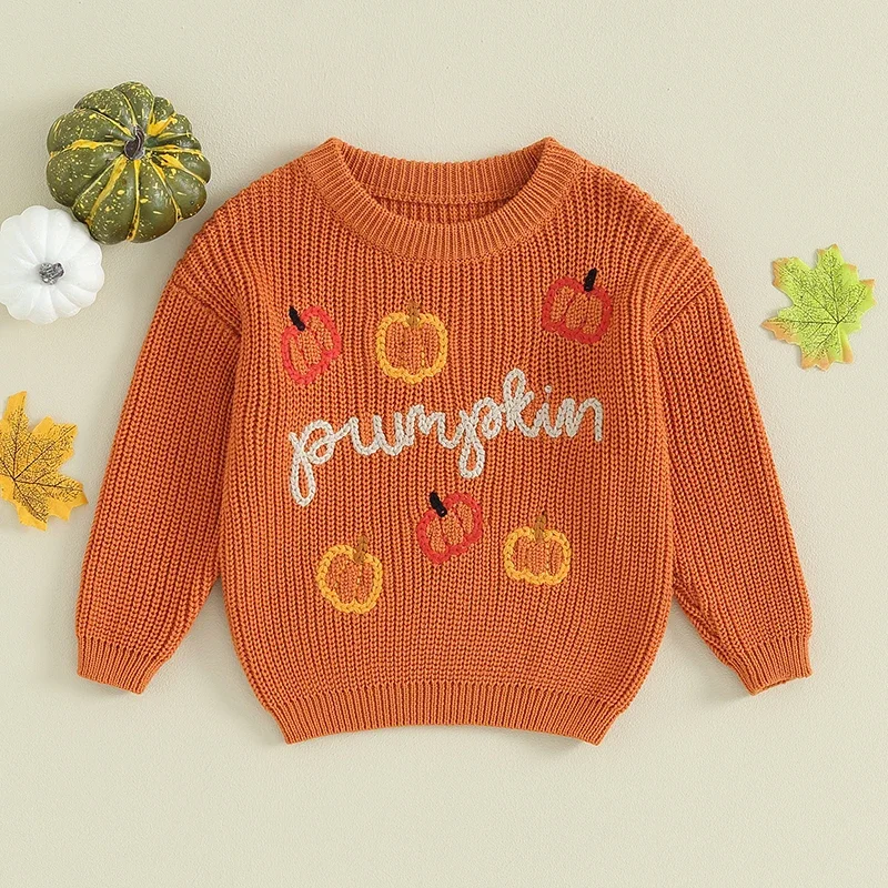 

Baby Boys Girls Sweater Pumpkin Letter Embroidery Crew Neck Long Sleeve Pullovers Fall Toddler Halloween Clothes Jumpers Tops