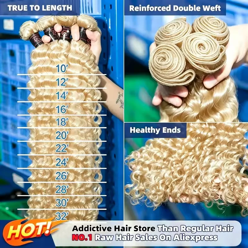 613 Human Hair Bundles Deep Wave 1/3/4 Bundle Blonde 22 24 26 28 Inch Color 613 Bundles Human Hair Extension 65g Single Bundle Double Weft Unprocessed Brazilian Virgin Hair - view 7