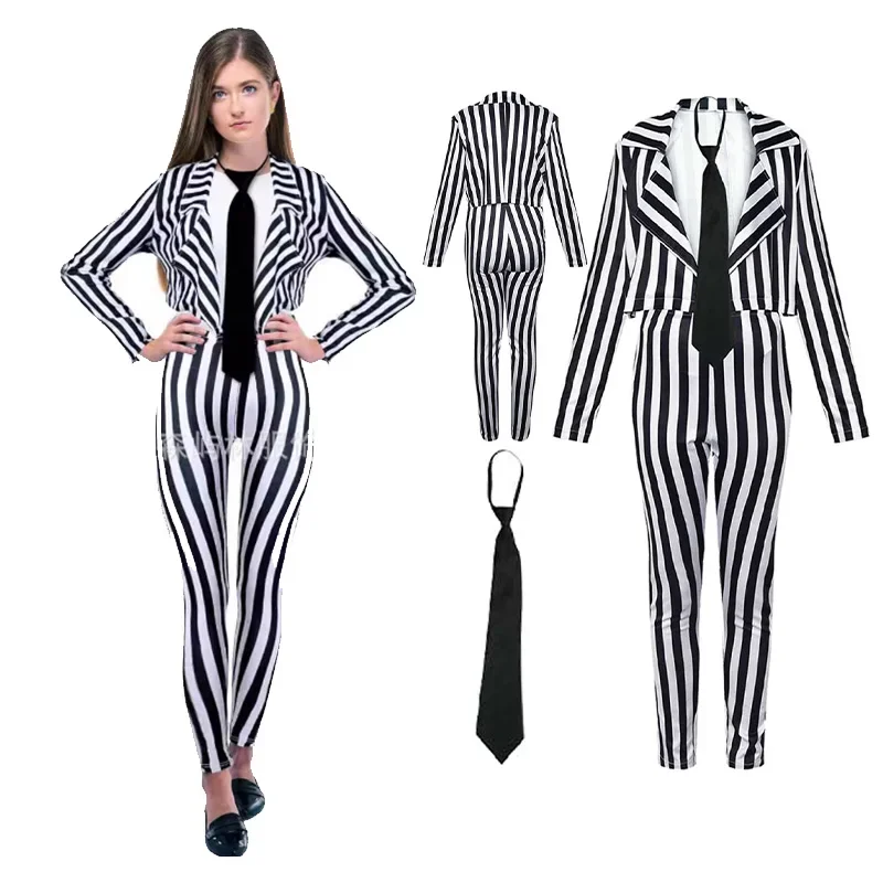 Adult Women Halloween Horror Scray Cosplay Role Play Black White Vertical Stripes Suit Stage Costume Fantasy Outfits