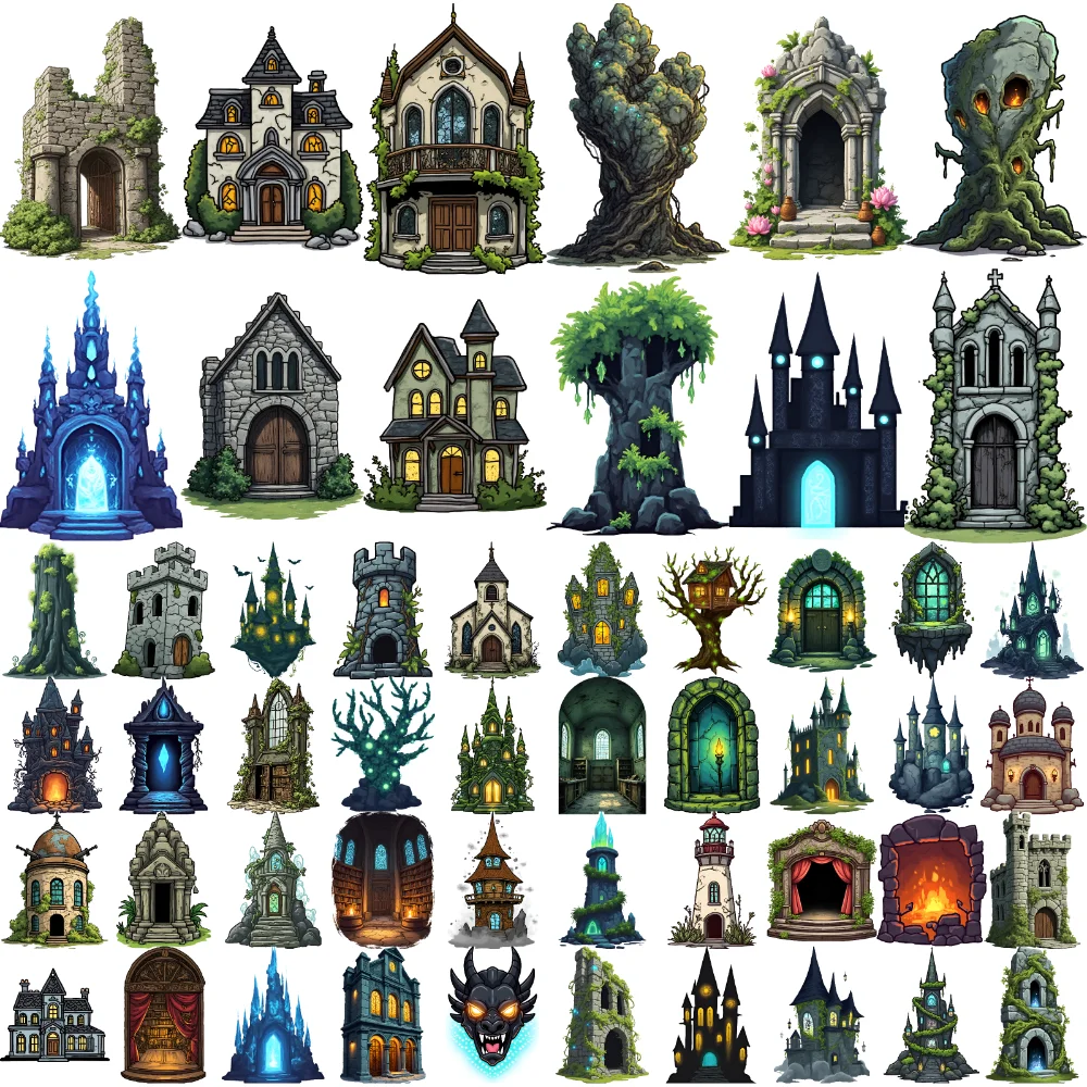 54pcs Temporary Tattoo Trees Cartoon Fantasy Castles Enchanted Towers Waterproof Long-lasting Body Stickers For Shoulders