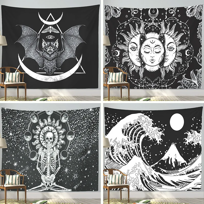 Home tapestry hanging cloth black and white sun skull sea wave  background  sofa  painting decoration