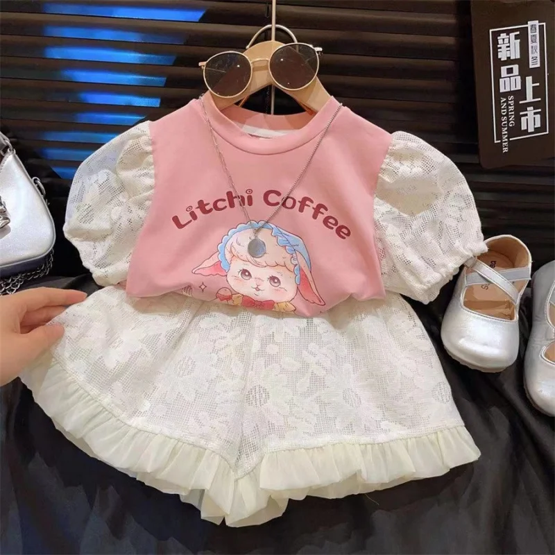 New Girls' Suit Sweet Cute Cartoon Lamb Top and Shorts Two-Piece Set2024Summer Children New