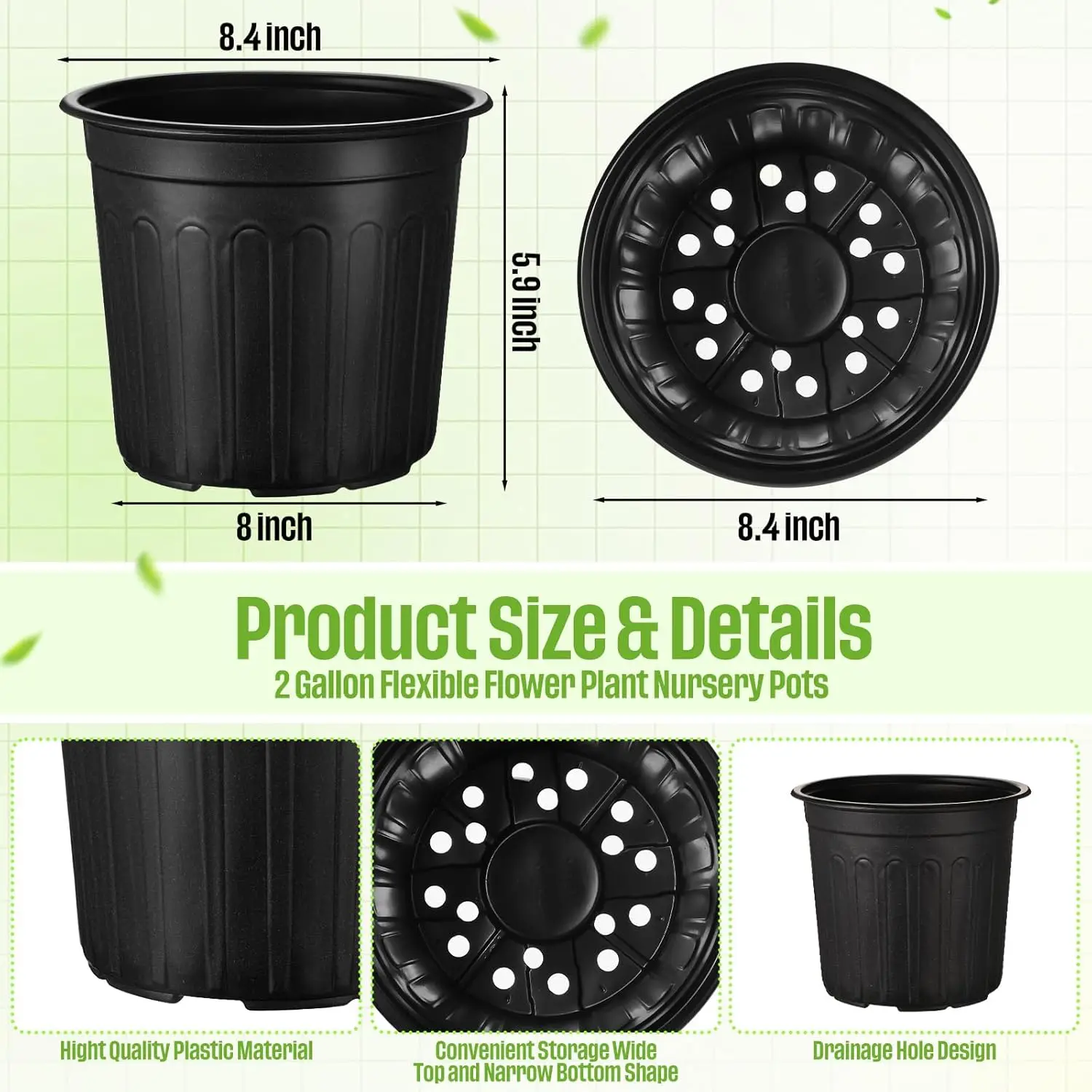 Pack of 100 Thickened Flexible Plastic Plant Nursery Pots, 2 Gallon, with Drainage Holes, Ideal Seed Starting Containers for Flowers, Succulents, Cuttings, and Transplanting