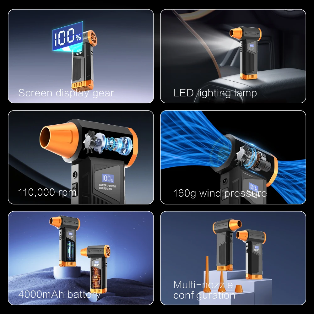 منفاخ مروحة توربو عالي السرعة 110,000 دورة في الدقيقة مكنسة كهربائية محمولة قوية مع لون جديد مثالية لإزالة الغبار