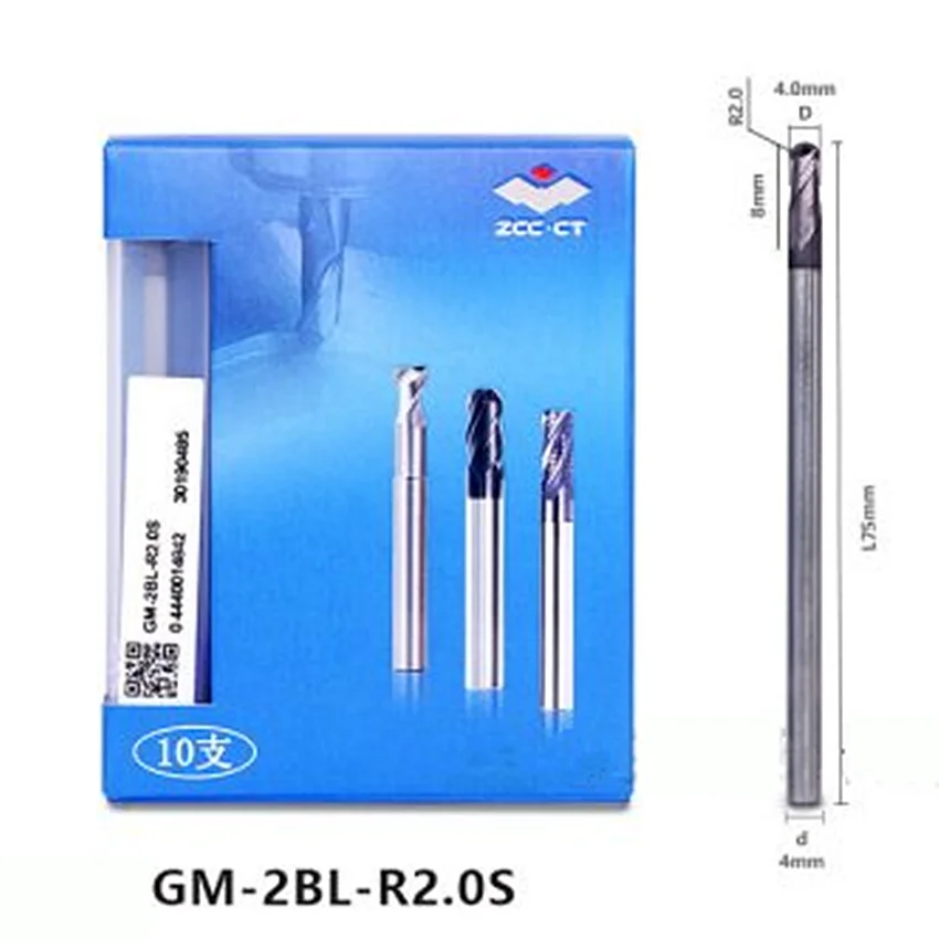 

GM-2BL-R2.0S ZCC.CT GM-2BL Two edge long shank ball end mill D4.0R2.0*4*8*75 2T ball nose end mill 2 Flutes Ball End Mills