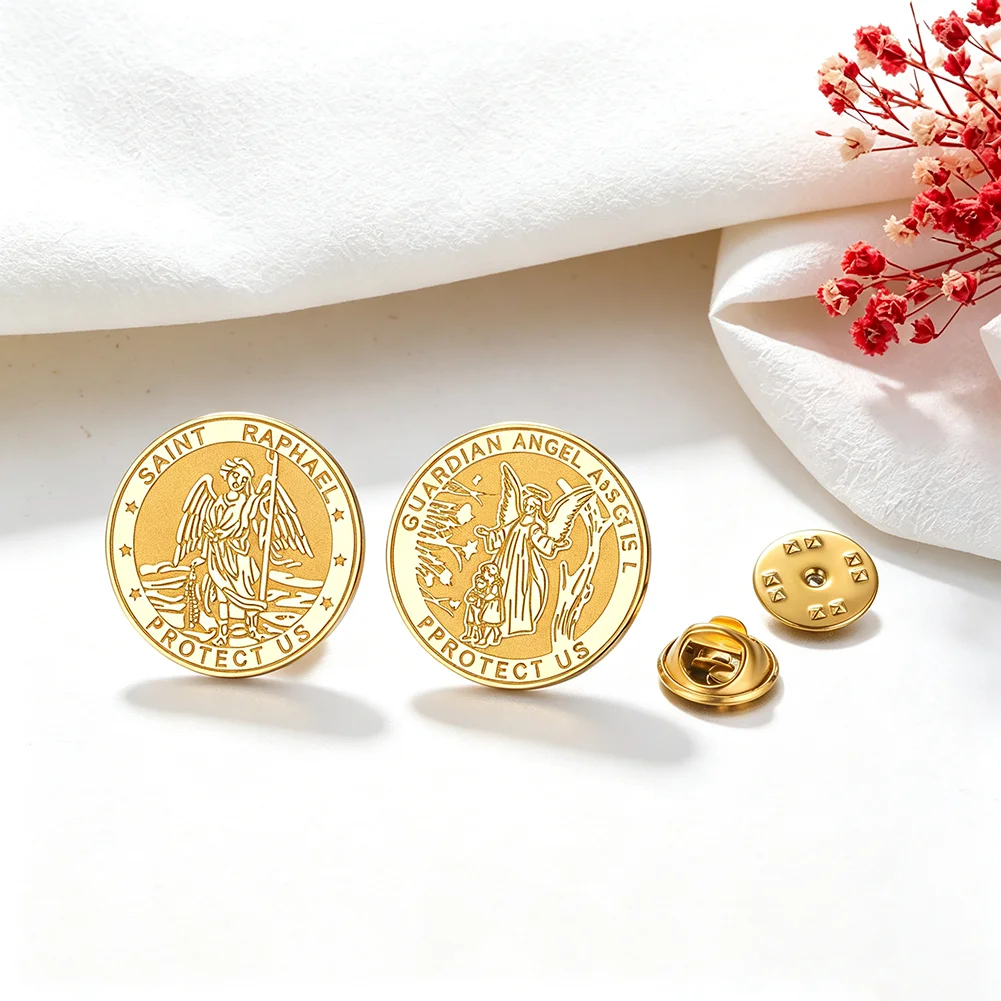 Saint Francis of Assisi/ Archangel St Raphael/ Guardian Angel Protect Us Lapel Pin Enamel Brooch Catholic Christian Jewelry Gift